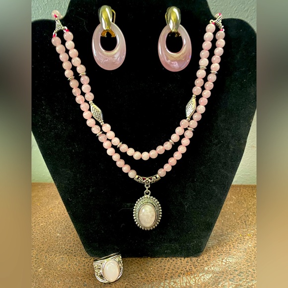 Pink and Silver Tone Necklace, Earrings, Ring Jewelry Set - Picture 1 of 8